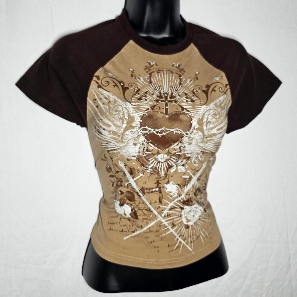 tan cyber grunge emo skater y2k retro baby tee